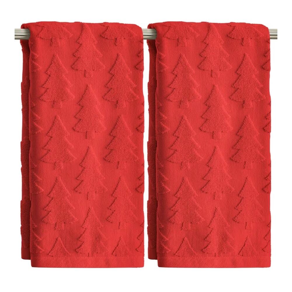 Artoid Mode 2 Pcs Red Xmas Tree Jacquard Christmas Hand Towels (C164)